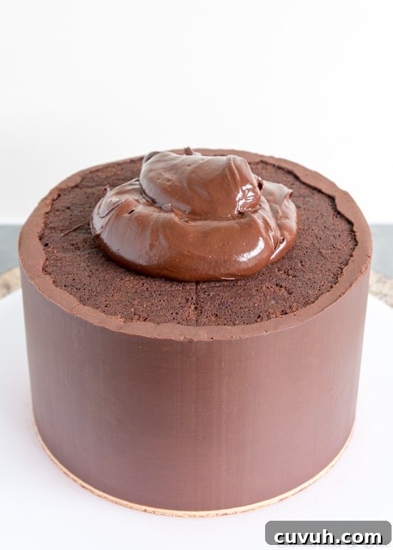 A large blob of ganache on the top of the cake.