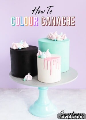 Three ganache covered cakes in black, white and teal.