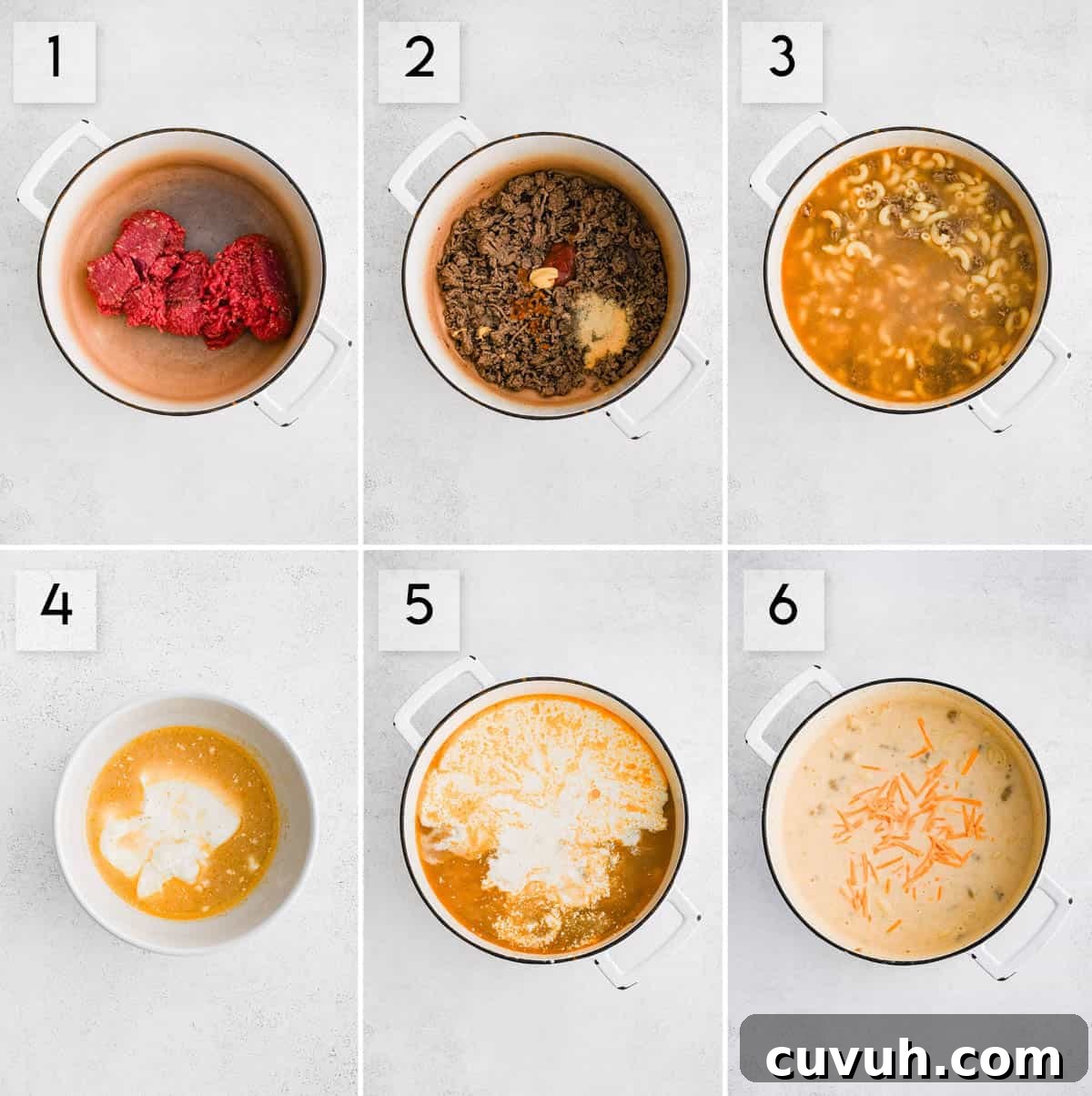 six panel collage image showing how to make cheesy hamburger soup