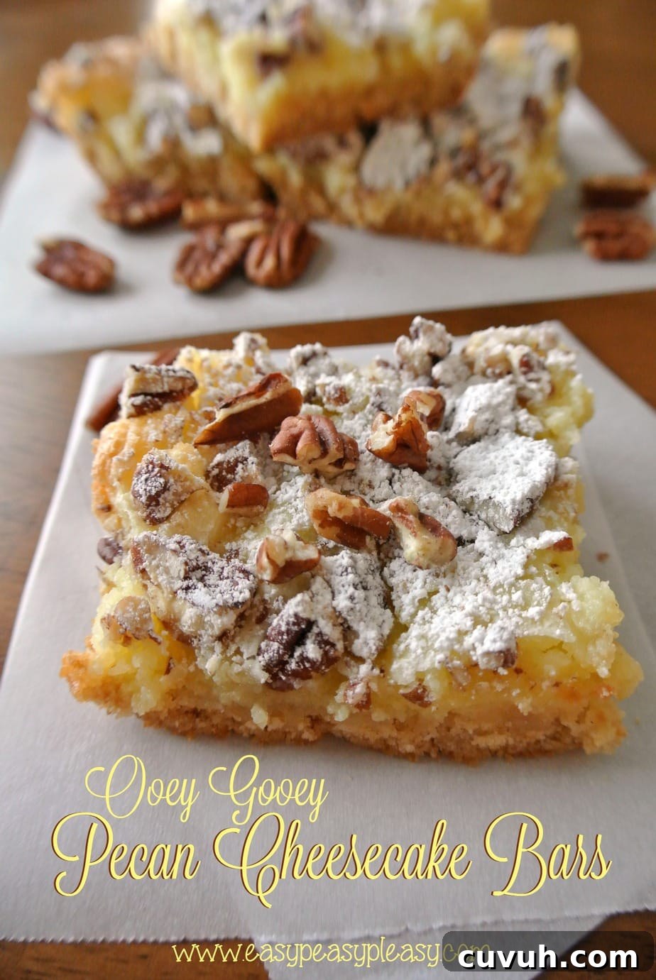 Decadent Pecan Cheesecake Bars with Gooey Caramel Swirl 2 Whip up these easy Ooey Gooey Pecan Cheesecake Bars in minutes!