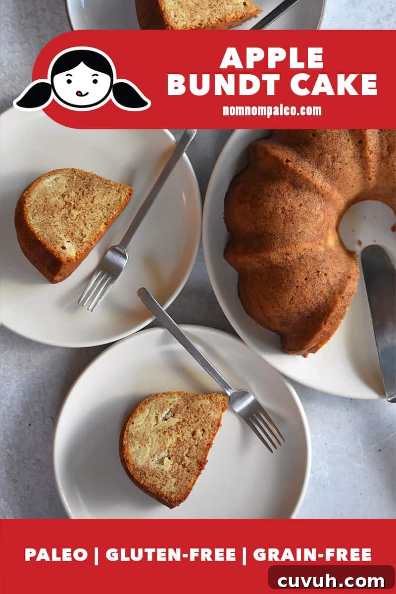 An overhead shot of apple Bundt Cake and three slices on white plates. There is a red banner that says that it is paleo, gluten-free, and grain-free.