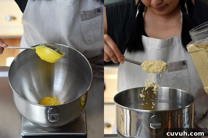 Adding ghee and maple sugar to the bowl of a stand mixer.