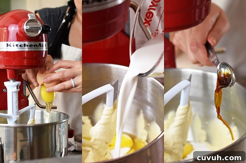 Three images showing raw eggs, coconut milk, and vanilla being added to the apple Bundt Cake batter in a stand mixing bowl