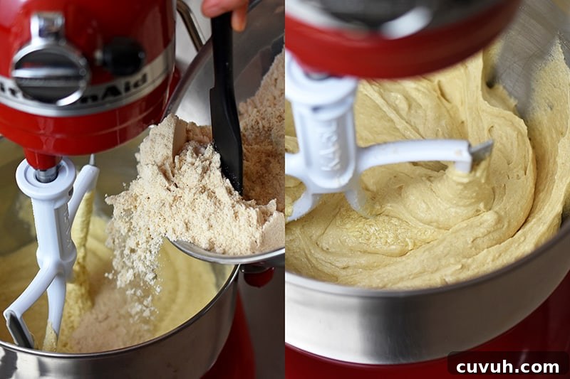 Two photos that show someone adding half the dry ingredients to the apple Bundt Cake batter and the second image shows it all mixed in.