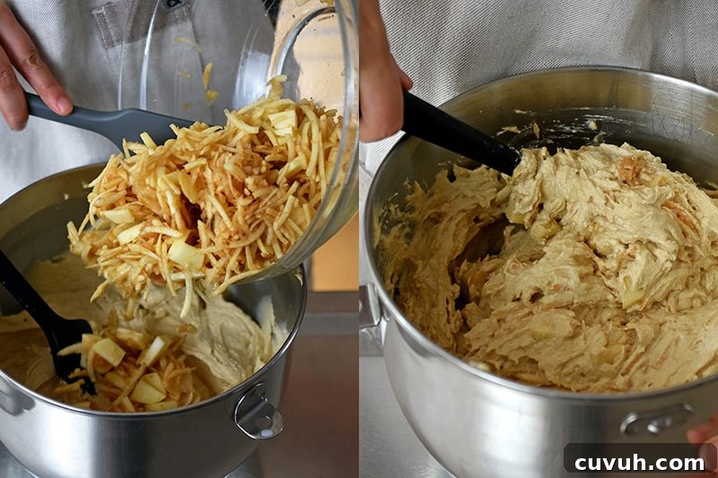 Two photos showing someone folding in the shredded apples into the apple Bundt Cake batter.
