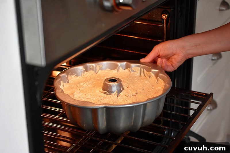 Someone placing a gluten free apple Bundt Cake in the oven.
