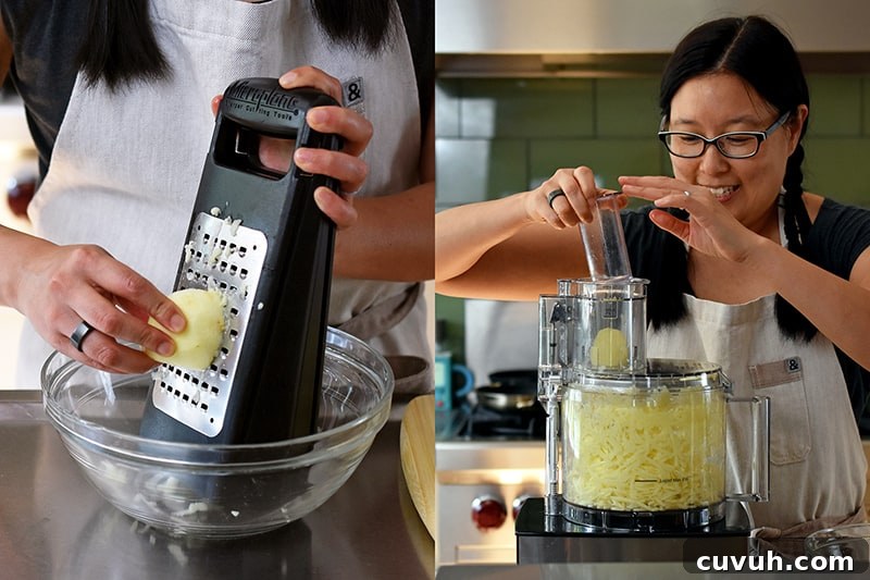 An Asian woman grating apples on the large holes of a grater and in a food processor.