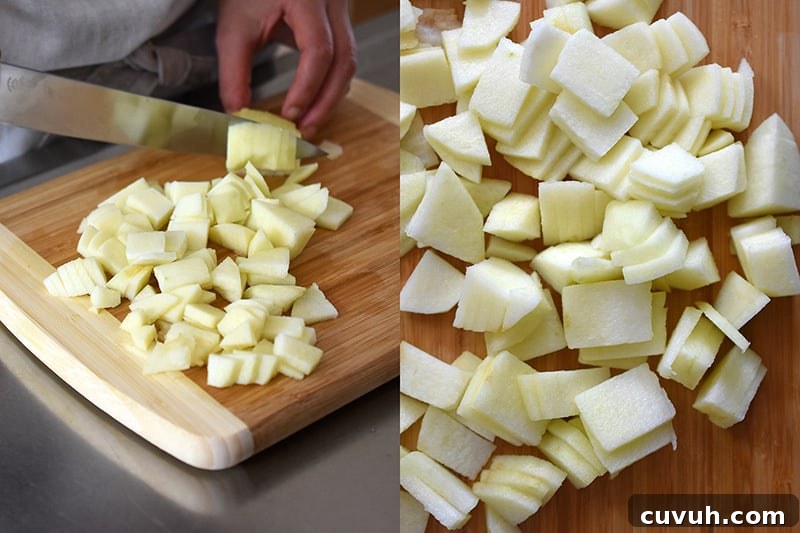 Slicing apples into thin rectangle slices for apple Bundt Cake.