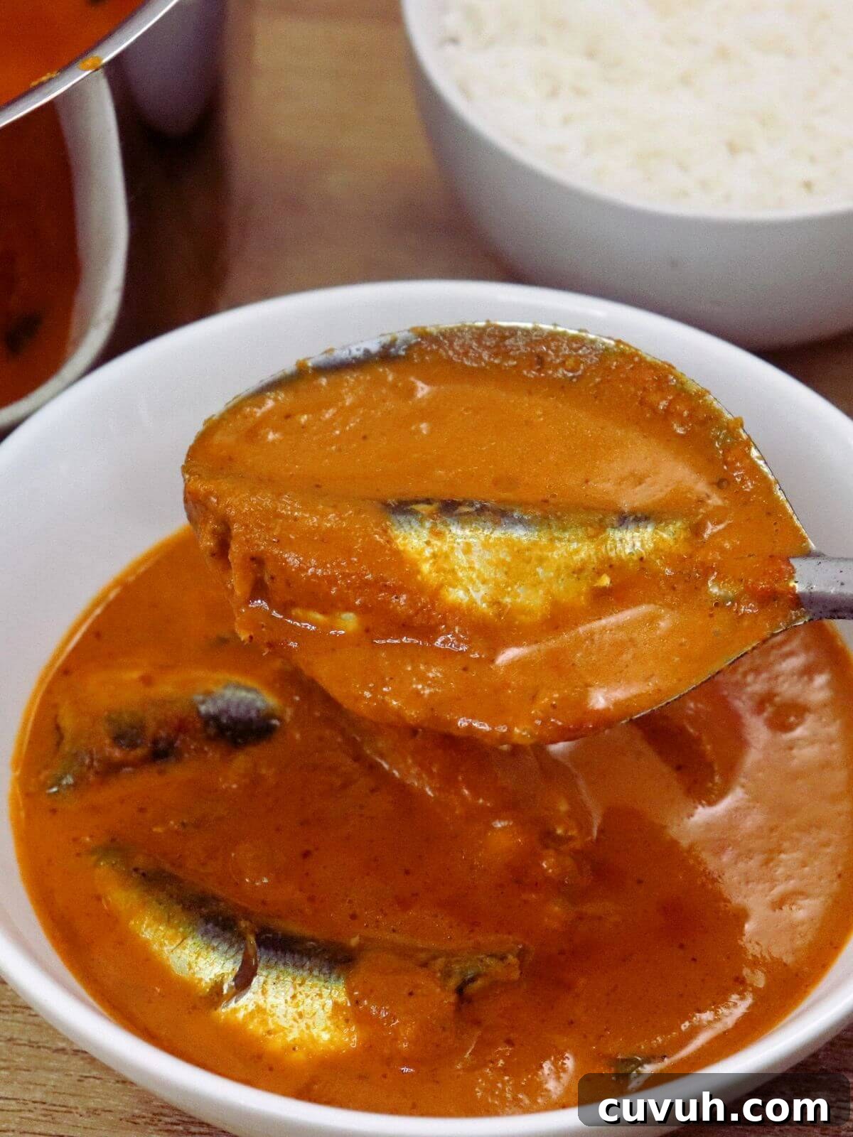 A close-up view of a bowl of sardine curry, with a ladle full of curry held above it.