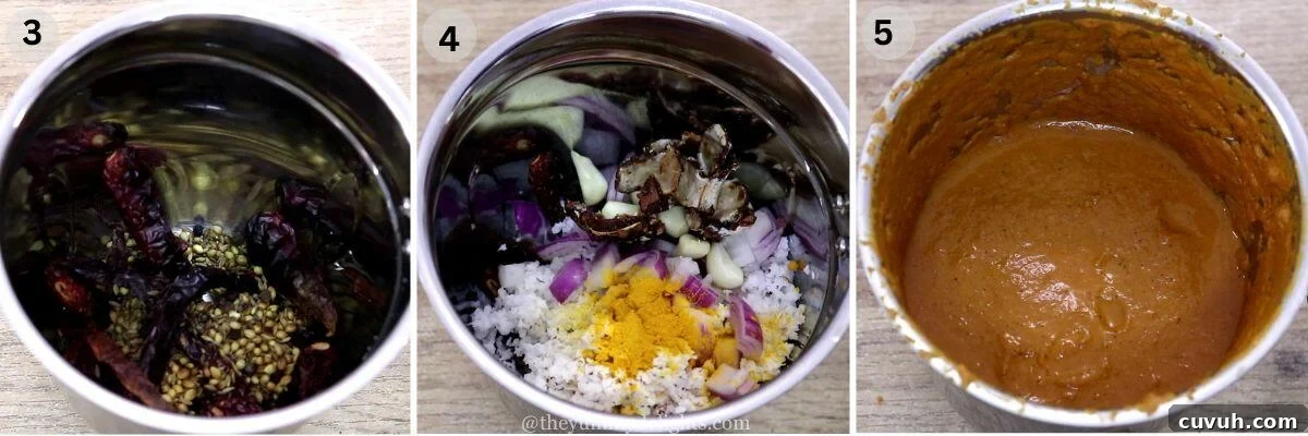 collage image of 3 steps showing making the coconut masala paste for sardine fish curry.
