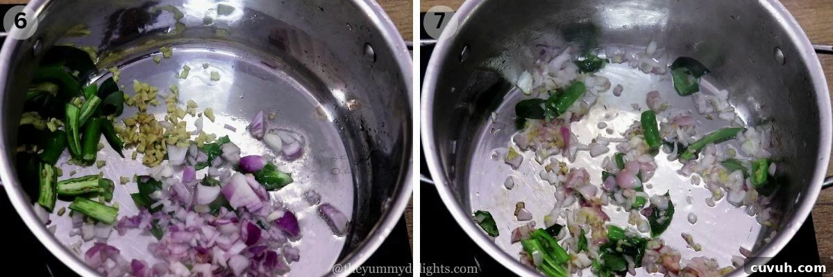 collage image of 2 steps showing sauteing onions, ginger and green chilies to make sardine curry.