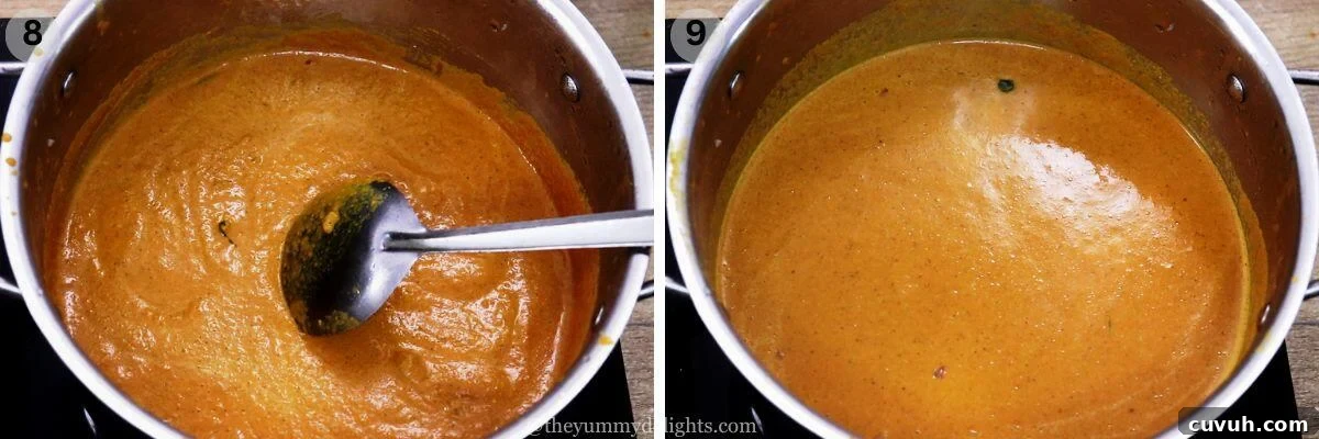collage image of 2 steps showing addition of masala paste and adjusting the mangalorean fish curry consistency with water,