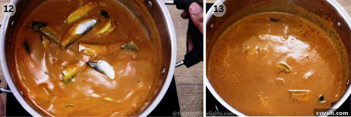 collage image of 2 steps showing cooking sardine curry.