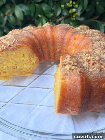 Apple Rum Cake on a cake plate.
