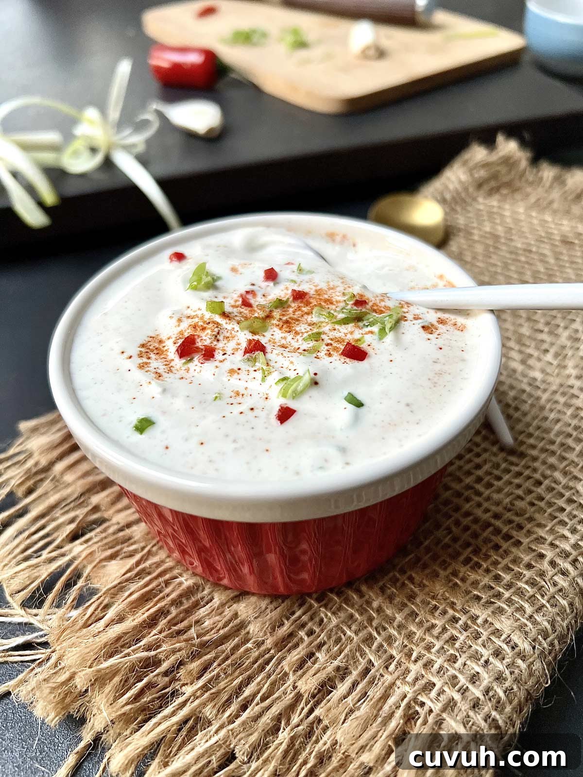 Close up of creamy sour cream sauce in a ceramic bowl with a teaspoon tucked in.