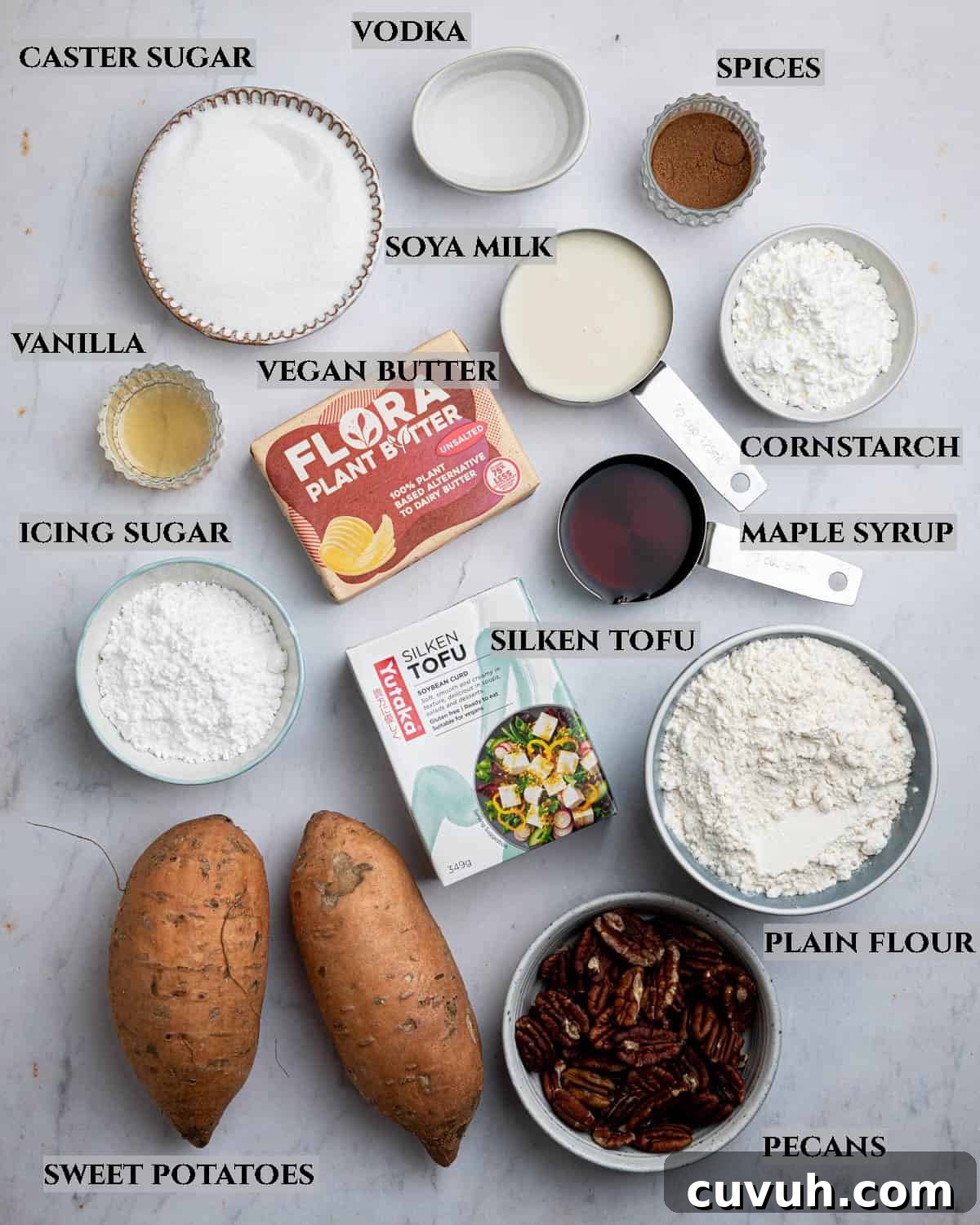A labelled photo of the ingredients needed to make vegan sweet potato pie.