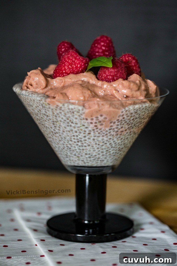 Raspberry Mousse and Chia Parfait Recipe for Light Desserts 2 Chia Pudding topped with Raspberry Mousse garnished with fresh Raspberries and a sprig of basil in a parfait glass