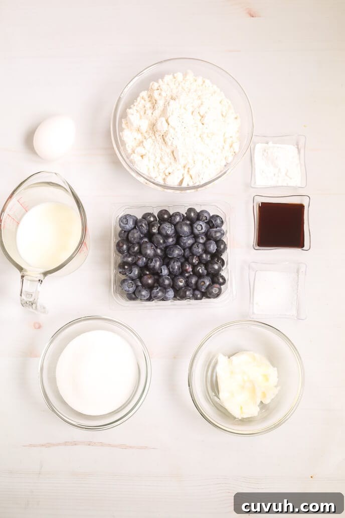 Lemon Blueberry Muffins with Luscious Citrus Glaze 4 Ingredients for a blueberry crumb cake recipe include an egg, milk, flour, blueberries, vanilla extract, baking powder, salt, sugar, and butter, all arranged on a pristine white surface.