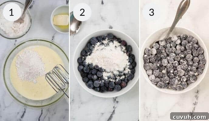 Lemon Blueberry Muffins with Luscious Citrus Glaze 5 Three-step process for preparing Blueberry Lemon Muffins: 1. Mixing flour and wet ingredients with a whisk, 2. Adding flour to a bowl of blueberries, and 3. Coating the blueberries with flour.
