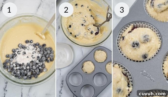Lemon Blueberry Muffins with Luscious Citrus Glaze 6 Step-by-step collage showing batter with blueberries being scooped into muffin liners and topped with sugar before baking.