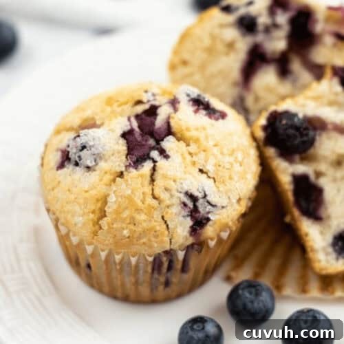 Lemon Blueberry Muffins with Luscious Citrus Glaze 8 A blueberry lemon muffin with a cracked top sits on a white plate, accompanied by a halved muffin and scattered blueberries.