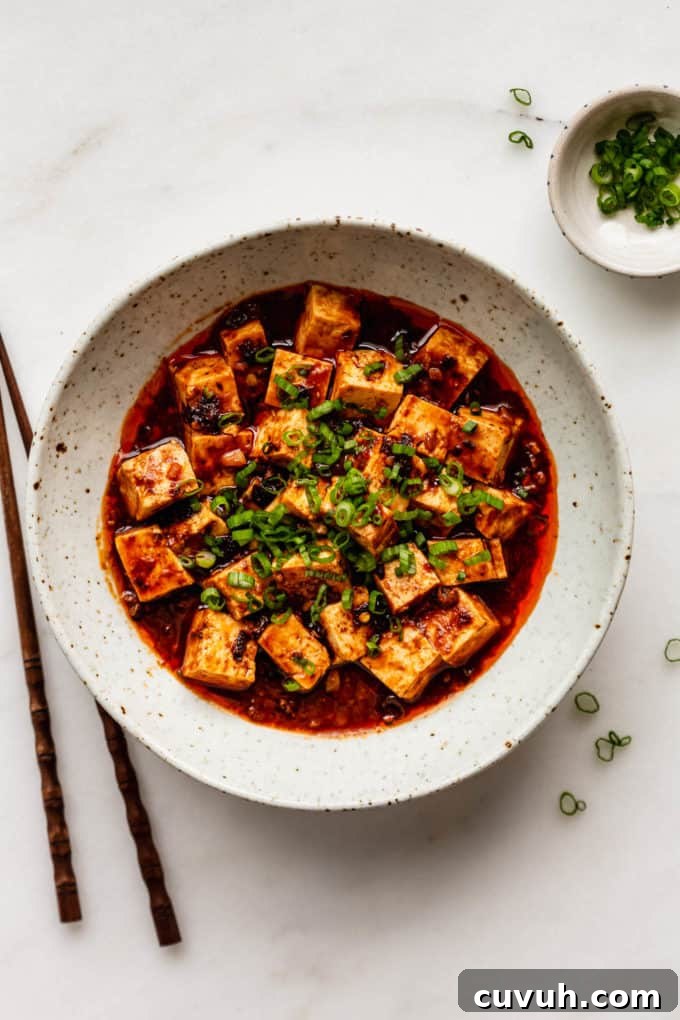 A bowl of mapo tofu with chopsticks and chopped green onions on the side