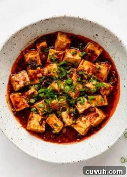mapo tofu in a white speckled bowl topped with scallions