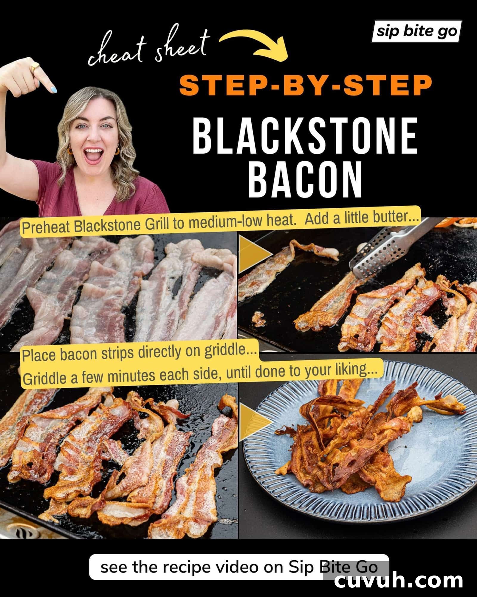 Crispy Bacon on the Blackstone Griddle: Tips for Perfect Results 6 Infographic demonstrating How To Cook Blackstone Bacon Recipe with captions and Sip Bite Go logo