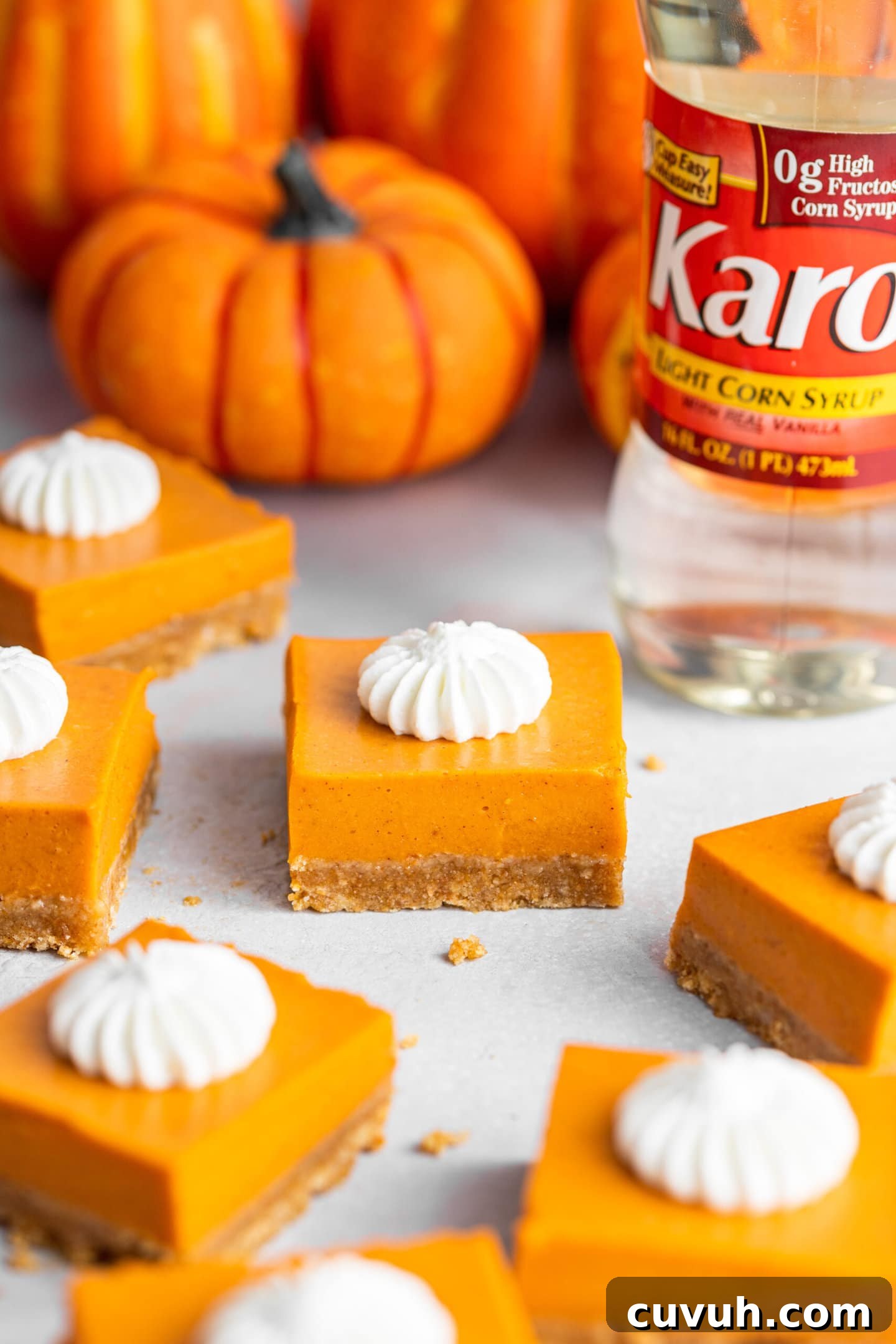 Creamy No-Bake Pumpkin Pie Bars Recipe for Fall Gatherings 2 No-Bake Pumpkin Pie Bars with whipped cream on top placed in front of pumpkins and a bottle of Karo light corn syrup