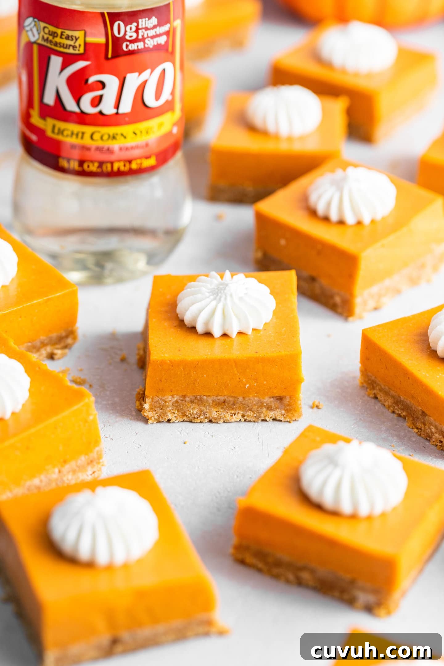 Creamy No-Bake Pumpkin Pie Bars Recipe for Fall Gatherings 3 No-Bake Pumpkin Pie Bars with whipped cream on top placed next to a bottle of Karo light corn syrup