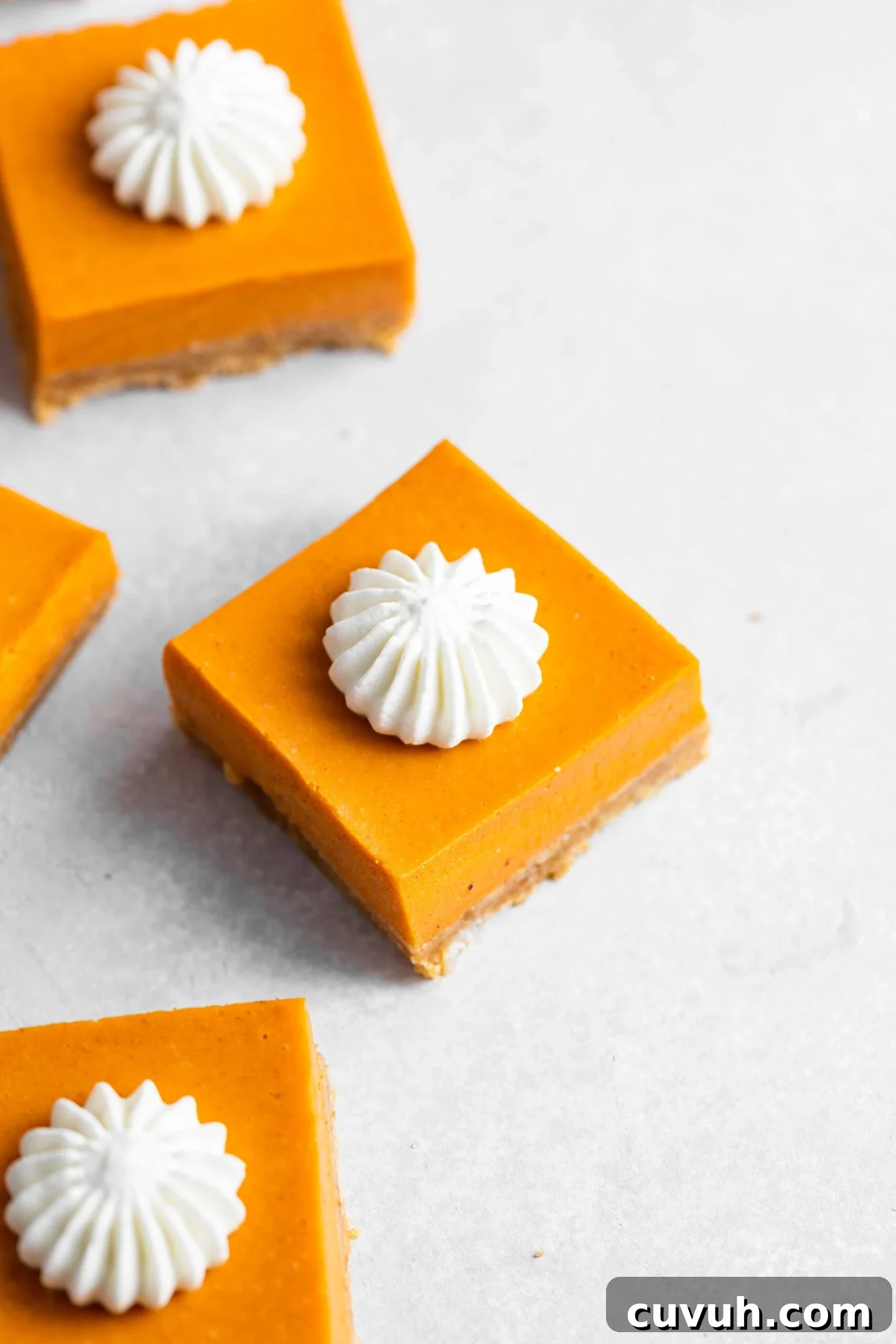 Creamy No-Bake Pumpkin Pie Bars Recipe for Fall Gatherings 4 Three No-Bake Pumpkin Pie Bars with whipped cream piped on top