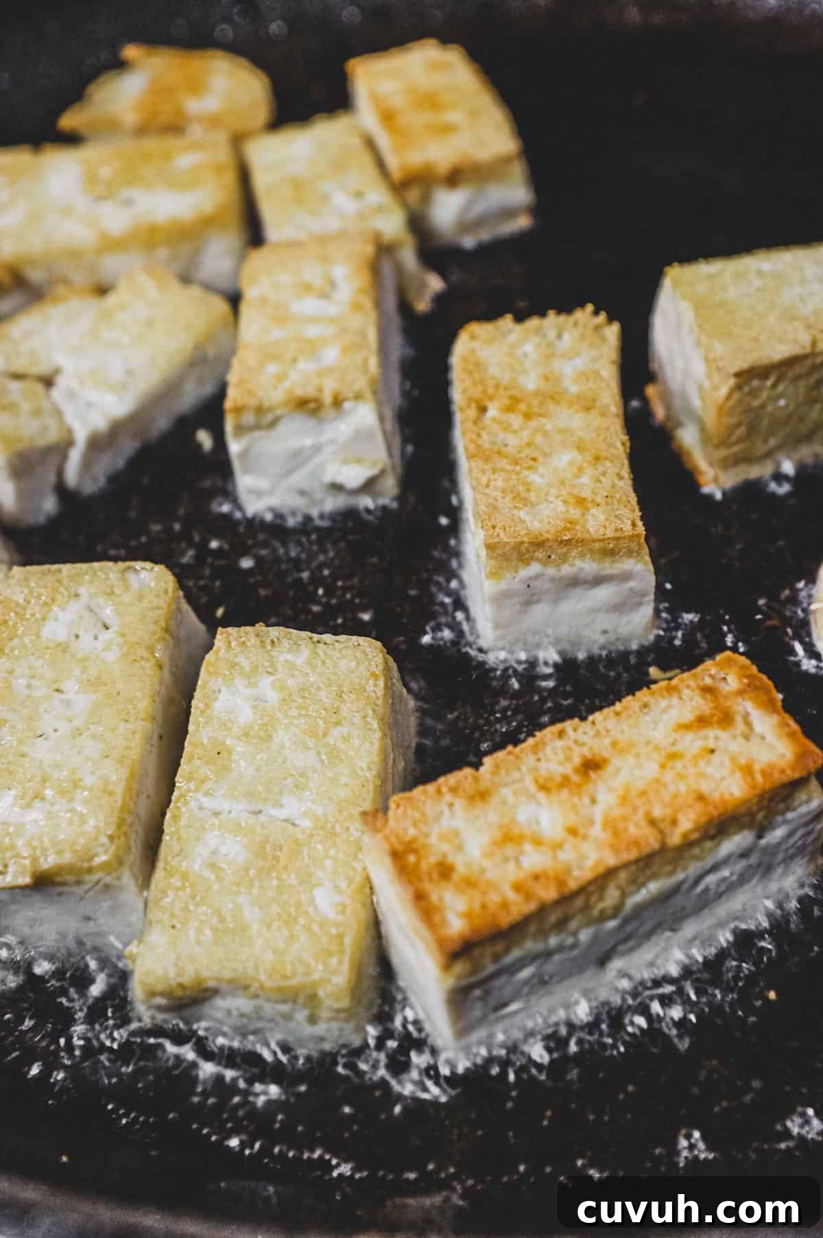 Tofu being fried until crisp Tofu being fried in canola oil until crisp