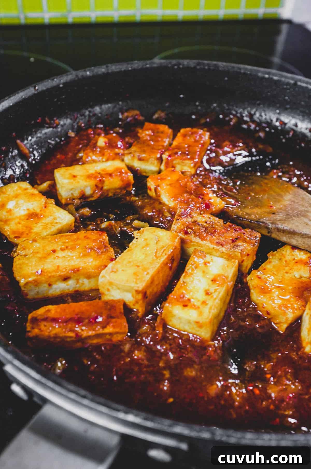 Dubu Jorim close-up Fried tofu is lightly braised in Korean chilli (gochugaru)