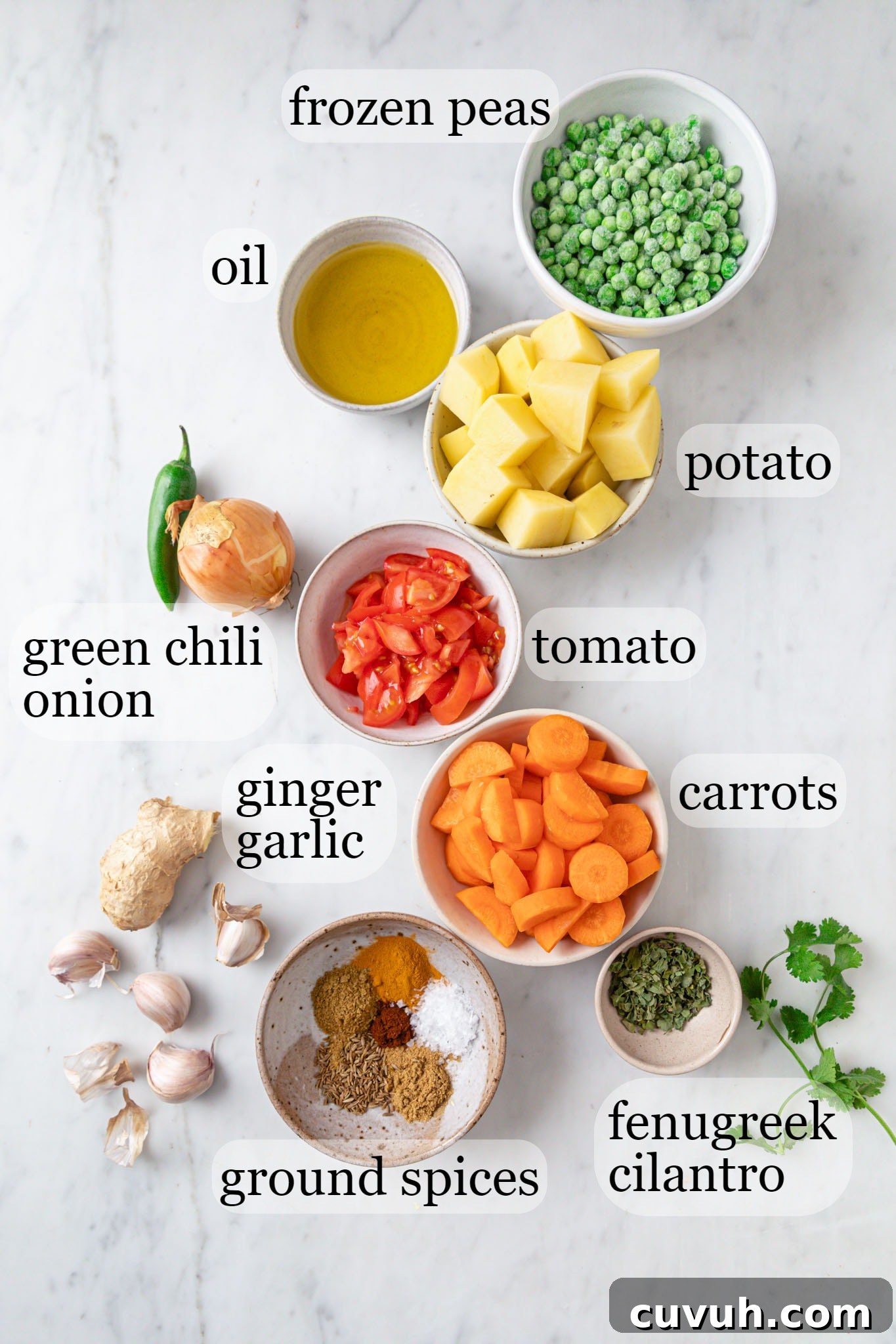 Ingredients for making Mixed Vegetable Curry on a marbled surface