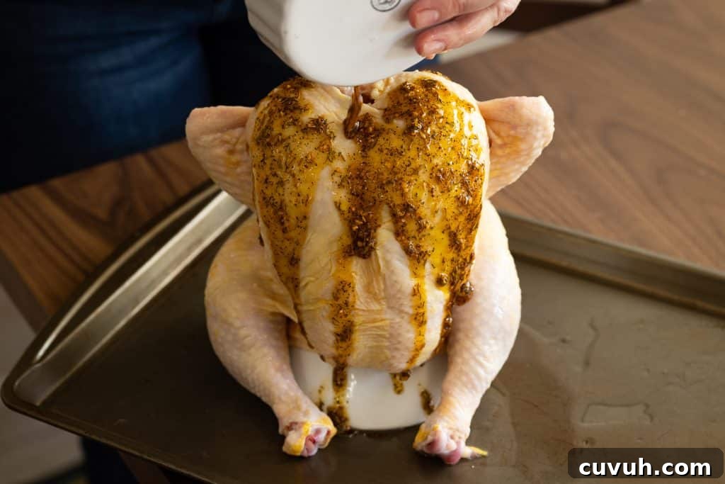 Crispy Grilled Beer-Can Chicken Recipe for Juicy Poultry 5 Olive oil and chicken seasoning being poured over a whole chicken on a chicken roaster.