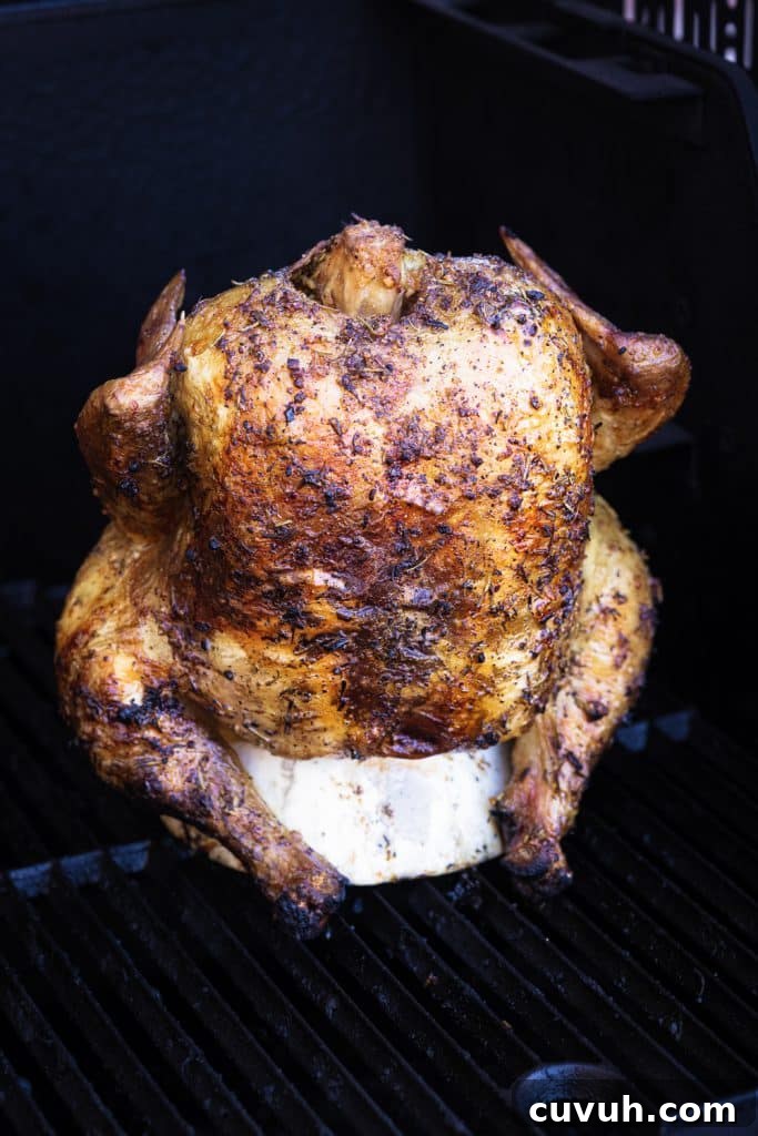 Crispy Grilled Beer-Can Chicken Recipe for Juicy Poultry 6 Beer can chicken on the grill.