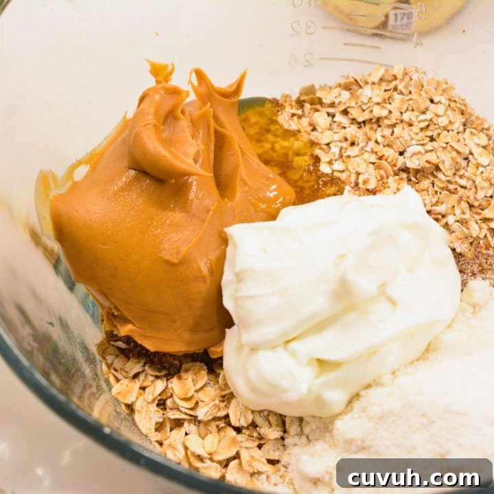 Combine oats, Greek yogurt, protein powder, peanut butter, seeds, and sweetener in a jar or bowl.
