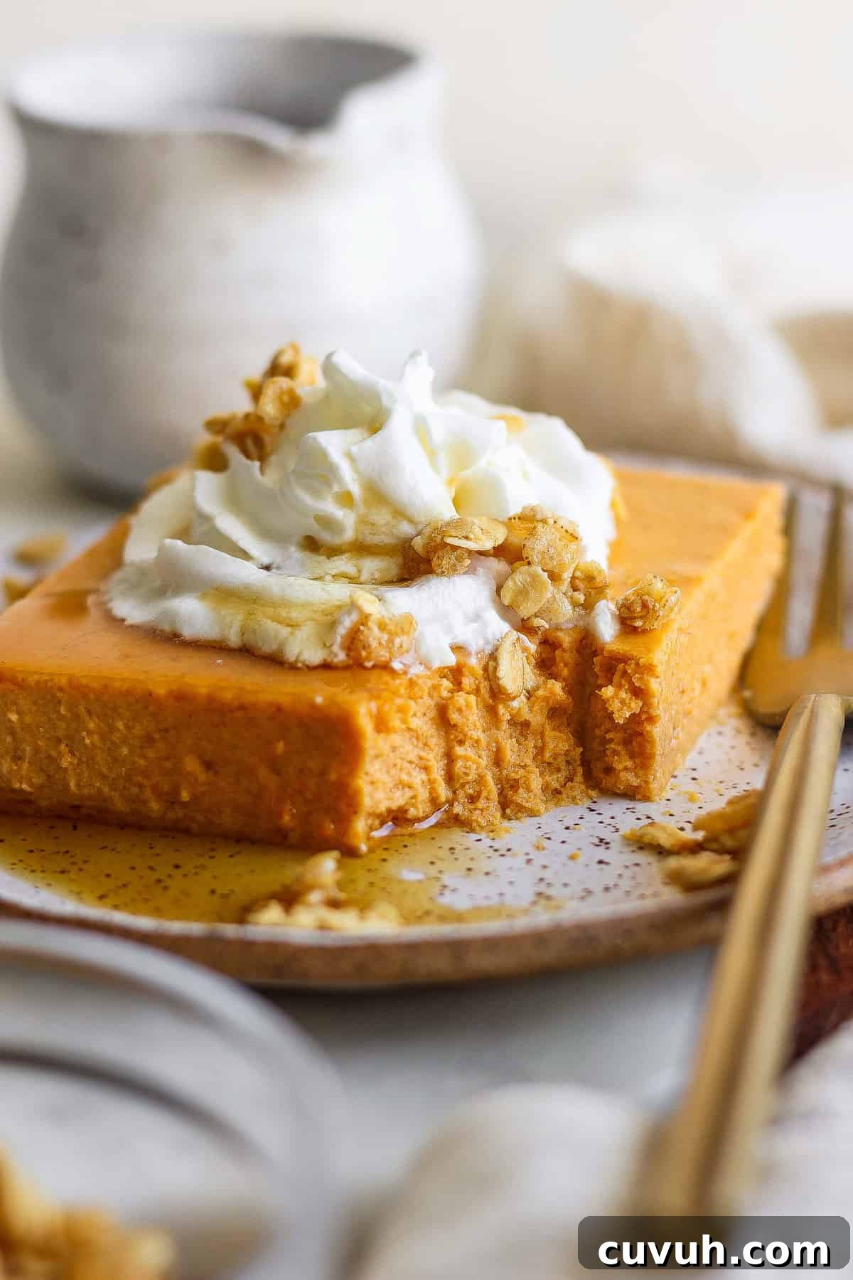 A slice of pumpkin cheesecake topped with whipped cream, granola, and drizzled with syrup, on a plate with a fork.