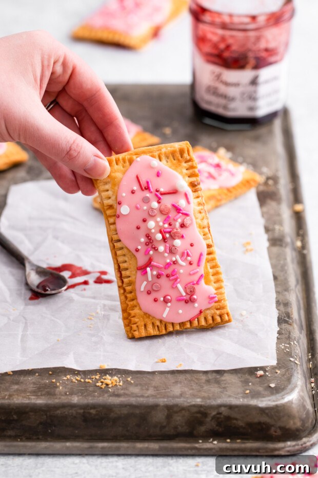 Crispy Air Fryer Pop-Tarts: Quick Homemade Toaster Pastry Recipe 10 Air Fryer Pop Tarts being held up by a hand. Air Fryer Pop Tarts