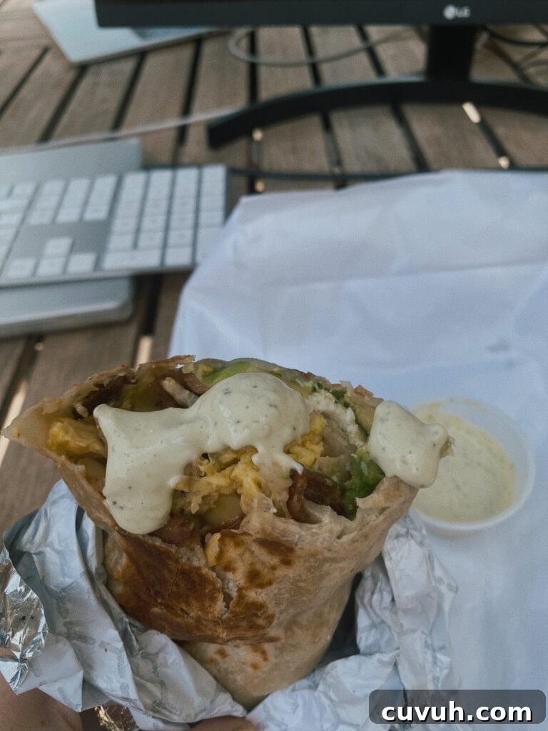 Skiers' Breakfast Burrito at Beaumont Bakery 4 Breakfast burrito with sauce
