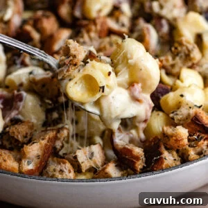 Creamy Baked Macaroni and Cheese Casserole 13 A spoon scooping cheesy noodles from a baked casserole dish.