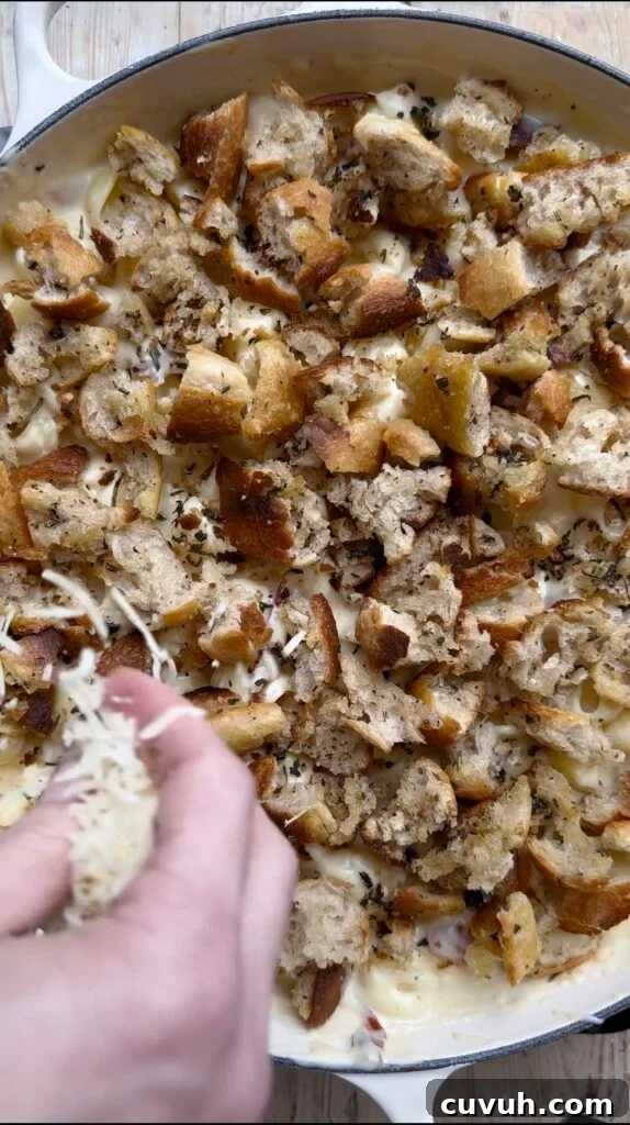 Creamy Baked Macaroni and Cheese Casserole 10 Hand sprinkling cheese over a crouton topped casserole.