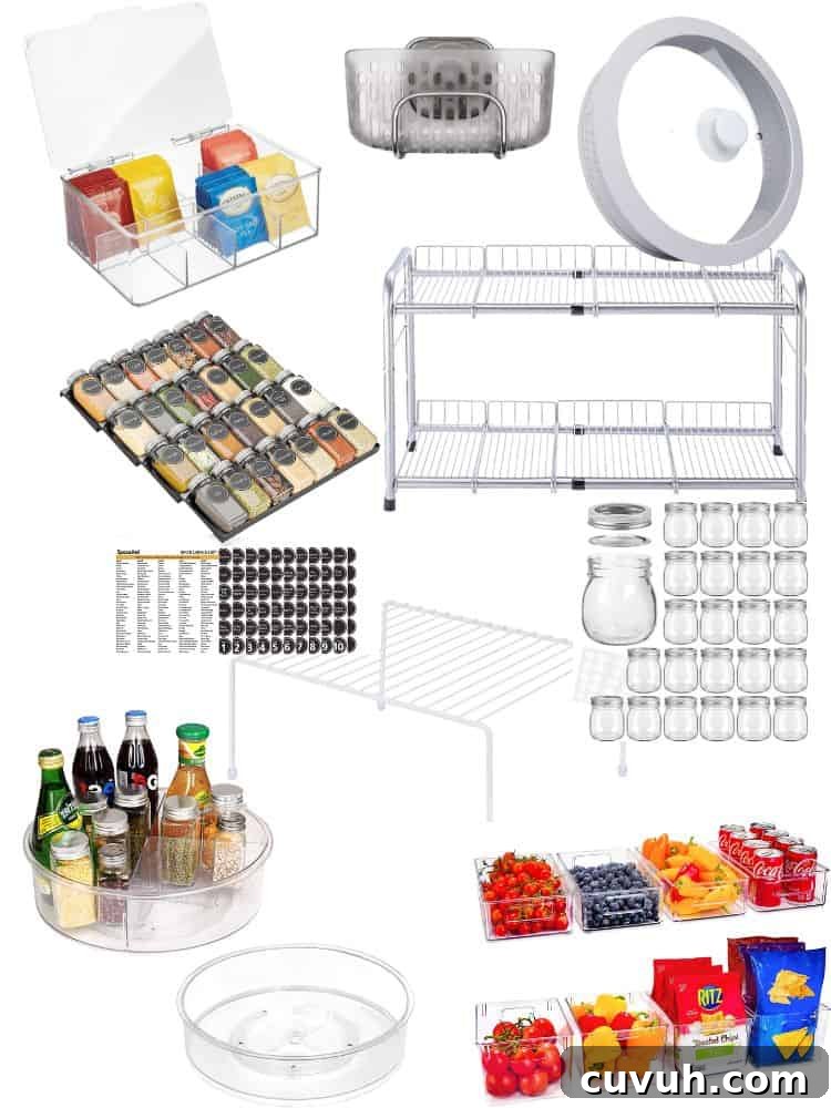 Collage of kitchen organizing products described in this post.