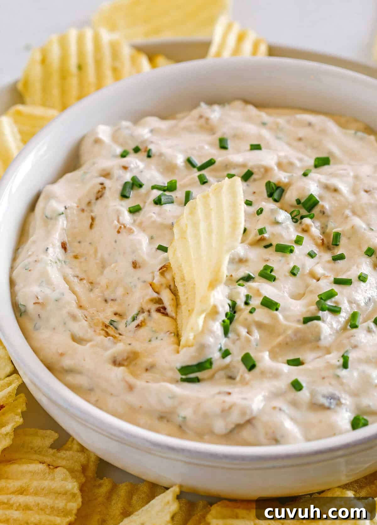 Delicious High Protein French Onion Dip made healthier with protein-packed cottage cheese, caramelized onions, and fresh herbs for the perfect dip to serve with chips, veggies and crackers!
