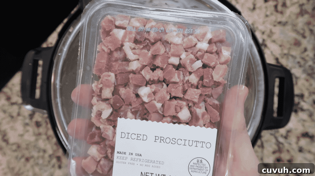 Adding dice prosciutto to pot