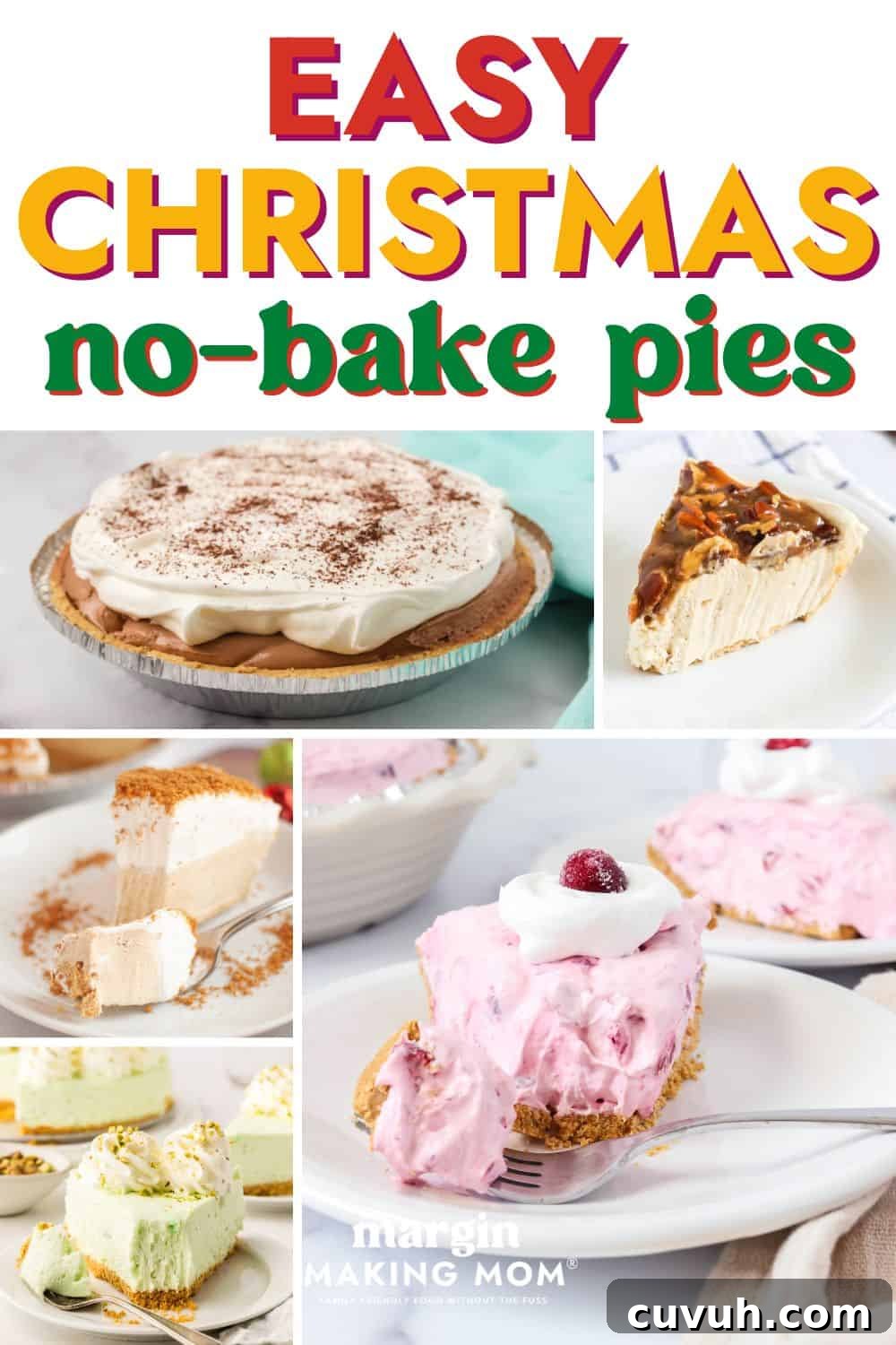 collage image featuring five no-bake Christmas pies, including gingerbread cream pie, cranberry cream pie, pistachio cheesecake, pecan pie cheesecake, and chocolate cream pie.