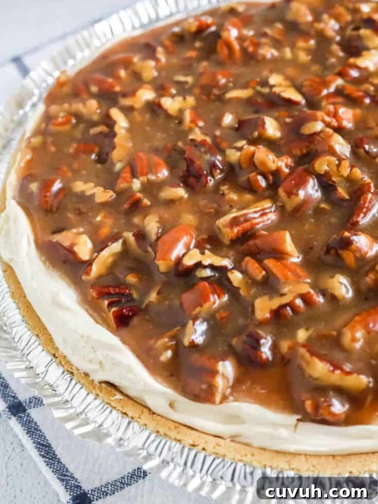 close-up side view of a no-bake pecan pie cheesecake.