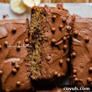 Slices of banana chocolate chip snack cake with chocolate cream cheese frosting on parchment paper lined cooling rack with banana slices.