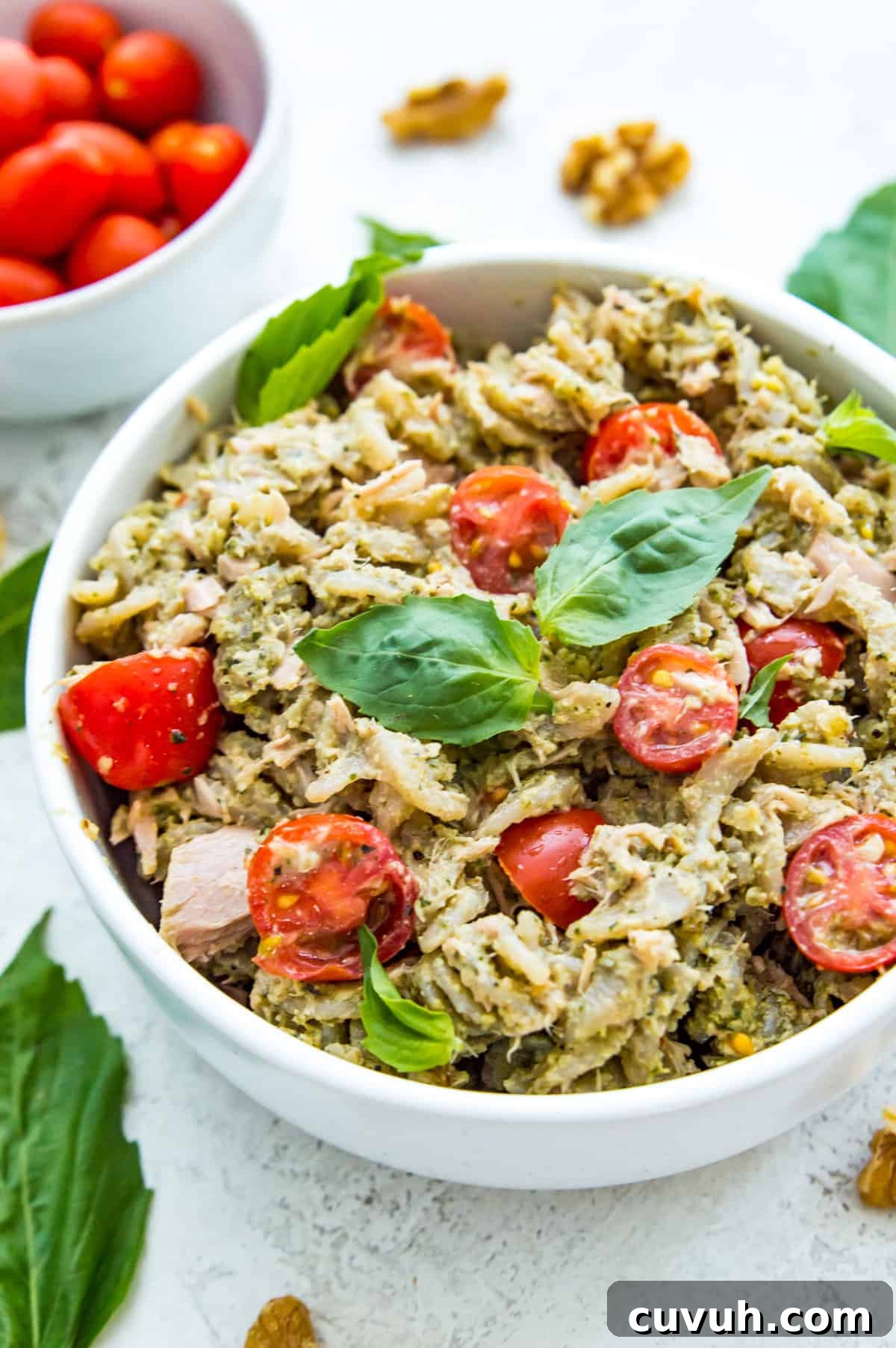 4-Ingredient Tuna Pesto Pasta Recipe – Ready in Minutes 2 A bowl of tuna pasta pesto topped with fresh basil and chopped tomatoes.