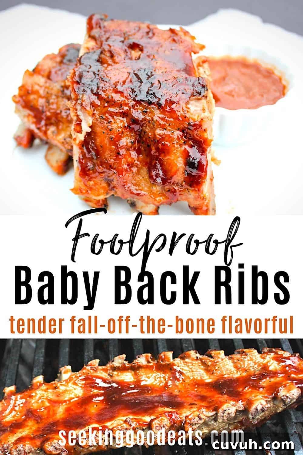 Black and white Pinterest pin with a rack of baby back ribs on a platter and cooking on the grill.